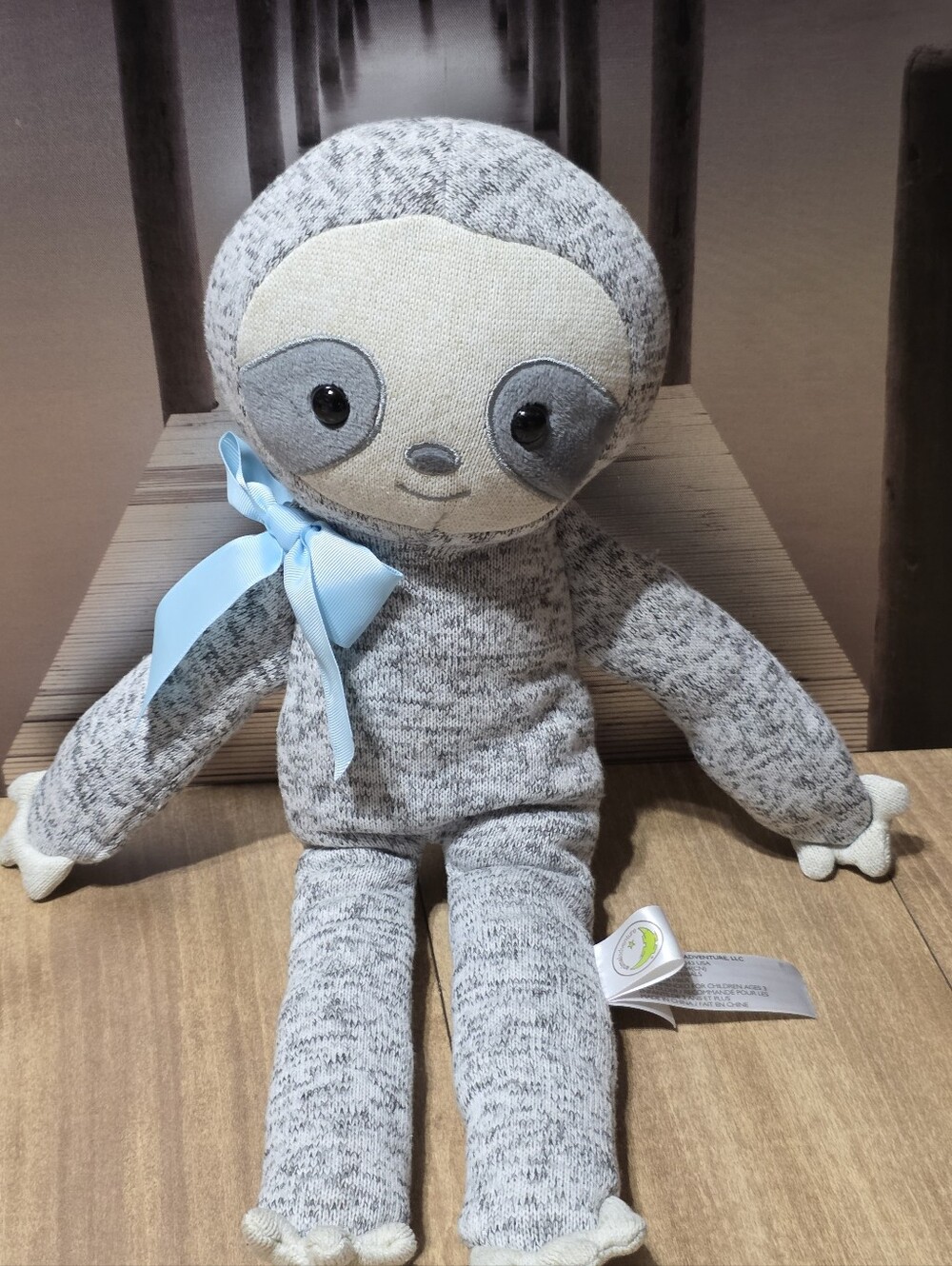 Animal Adventure 2020 Marbled Gray Sloth Plush with Light Blue Bow